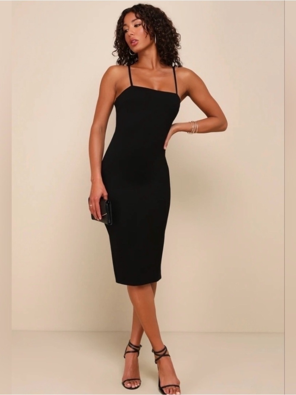 Lulus Paulina Black Spaghetti Strap Bodycon Midi Dress Size M